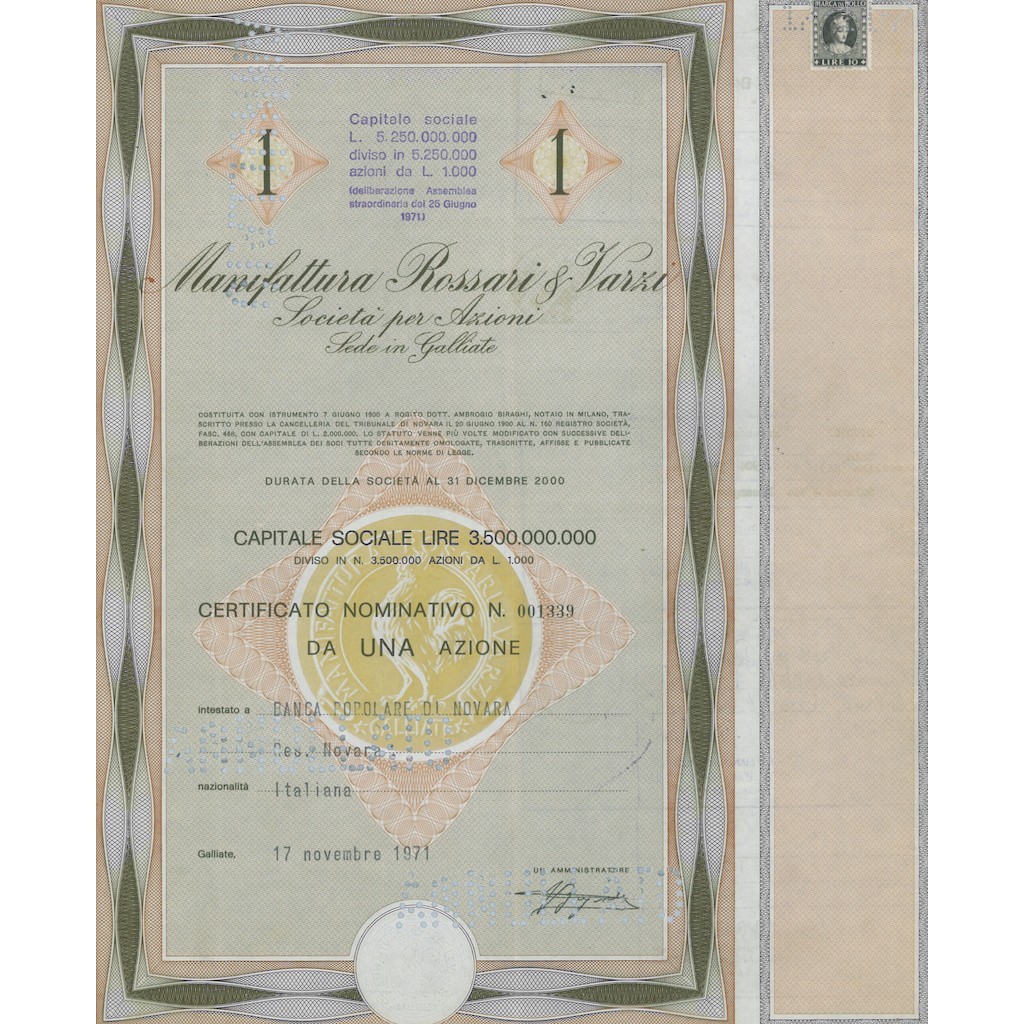 MANIFATTURA ROSSARI E VARZI - 1 AZIONE GALLIATE 1970