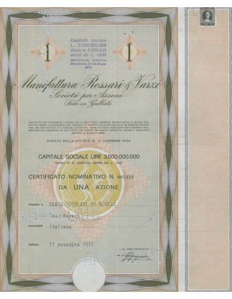 MANIFATTURA ROSSARI E VARZI - 1 AZIONE GALLIATE 1970