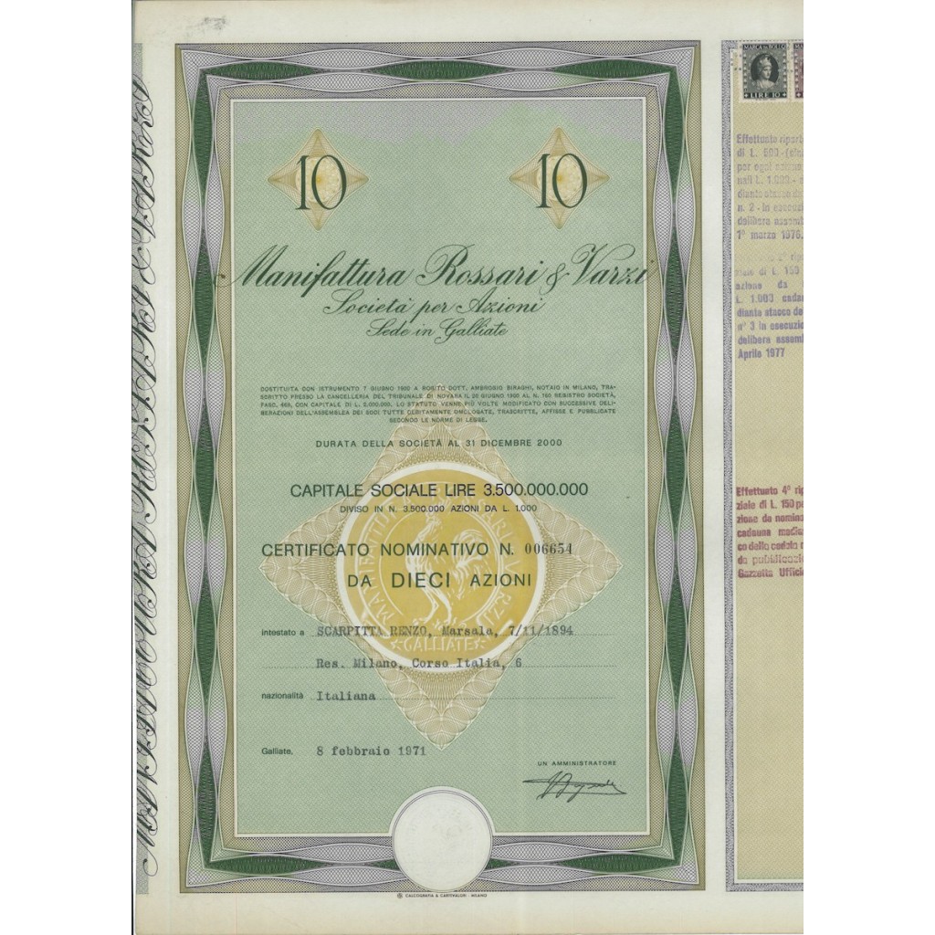 MANIFATTURA ROSSARI E VARZI - 10 AZIONI GALLIATE 1971