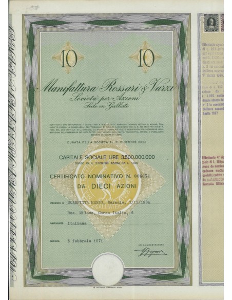 MANIFATTURA ROSSARI E VARZI - 10 AZIONI GALLIATE 1971