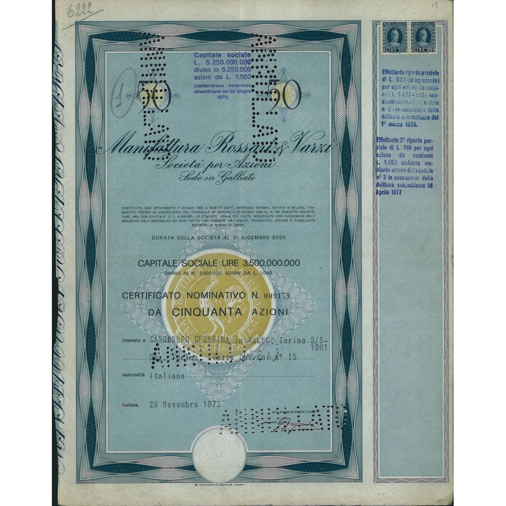 MANIFATTURA ROSSARI E VARZI - 50 AZIONI GALLIATE