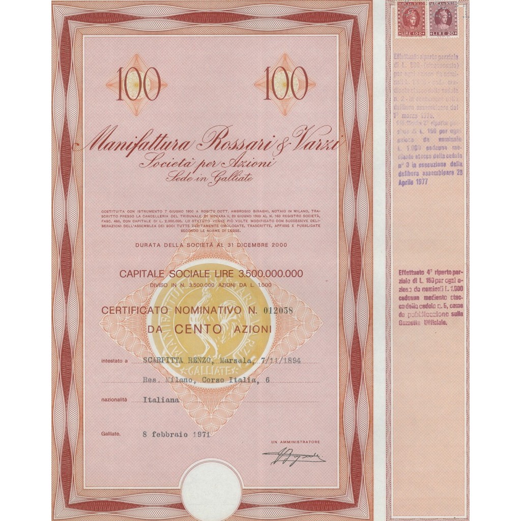 MANIFATTURA ROSSARI E VARZI - 100 AZIONI GALLIATE 1971