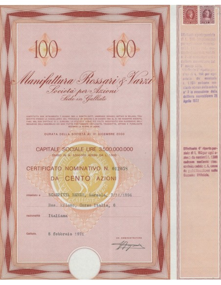 MANIFATTURA ROSSARI E VARZI - 100 AZIONI GALLIATE 1971