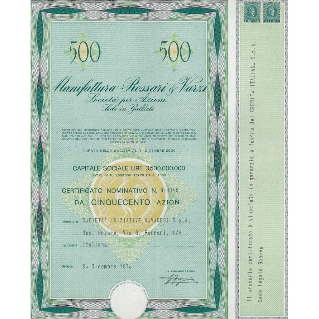 MANIFATTURA ROSSARI E VARZI - 500 AZIONI GALLIATE 1970
