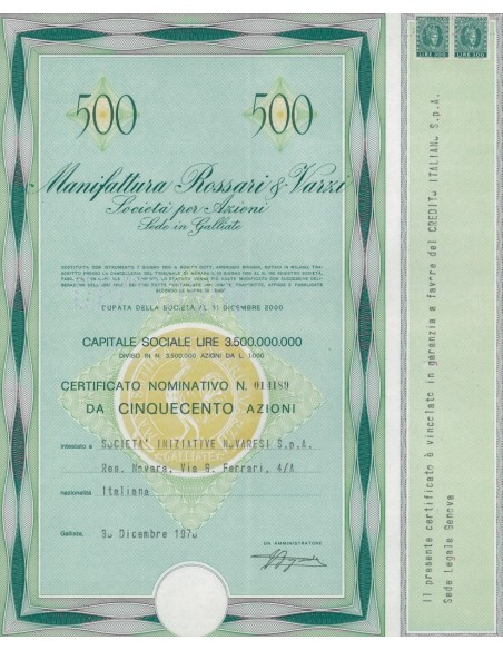 MANIFATTURA ROSSARI E VARZI - 500 AZIONI GALLIATE 1970