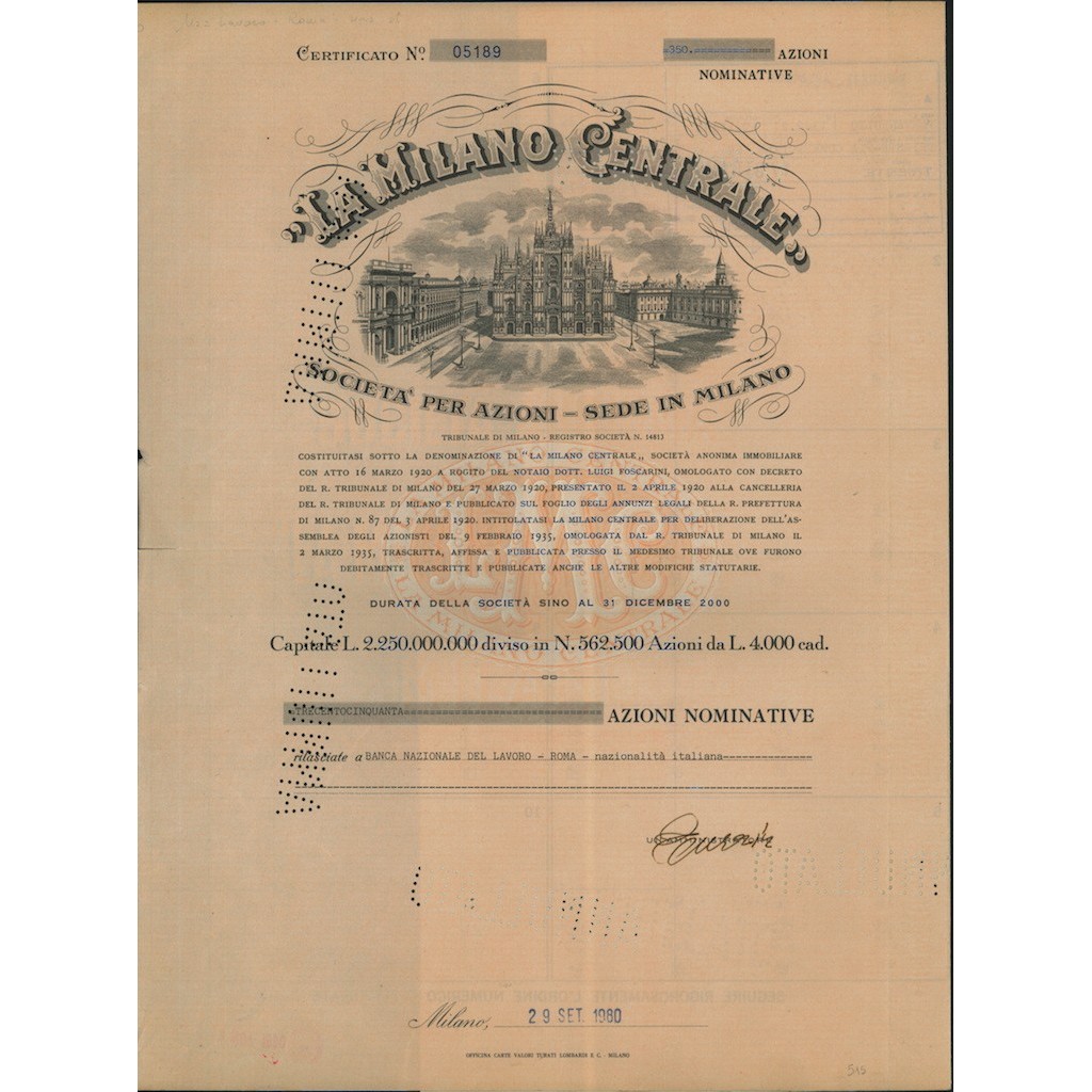 LA MILANO CENTRALE - 350 AZIONI - MILANO 1980
