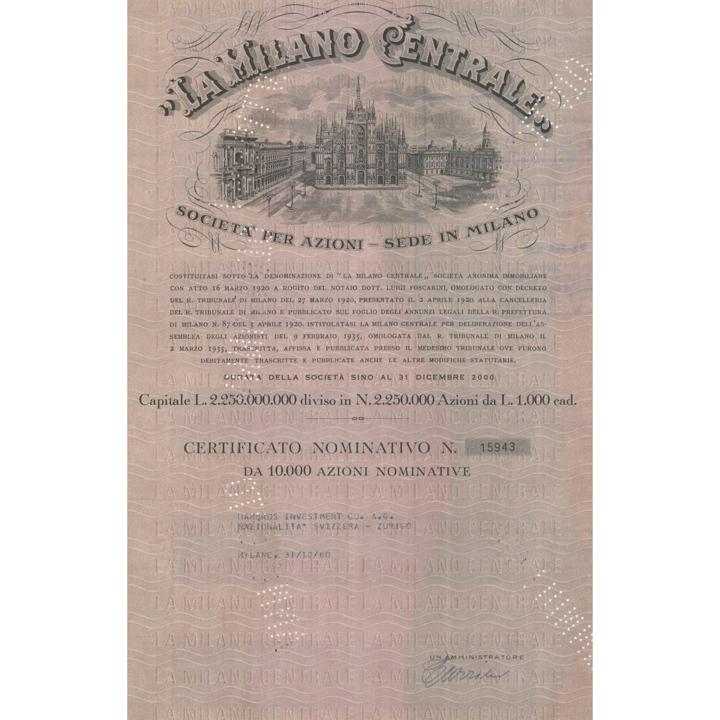 LA MILANO CENTRALE - 10.000 AZIONI - MILANO 1980