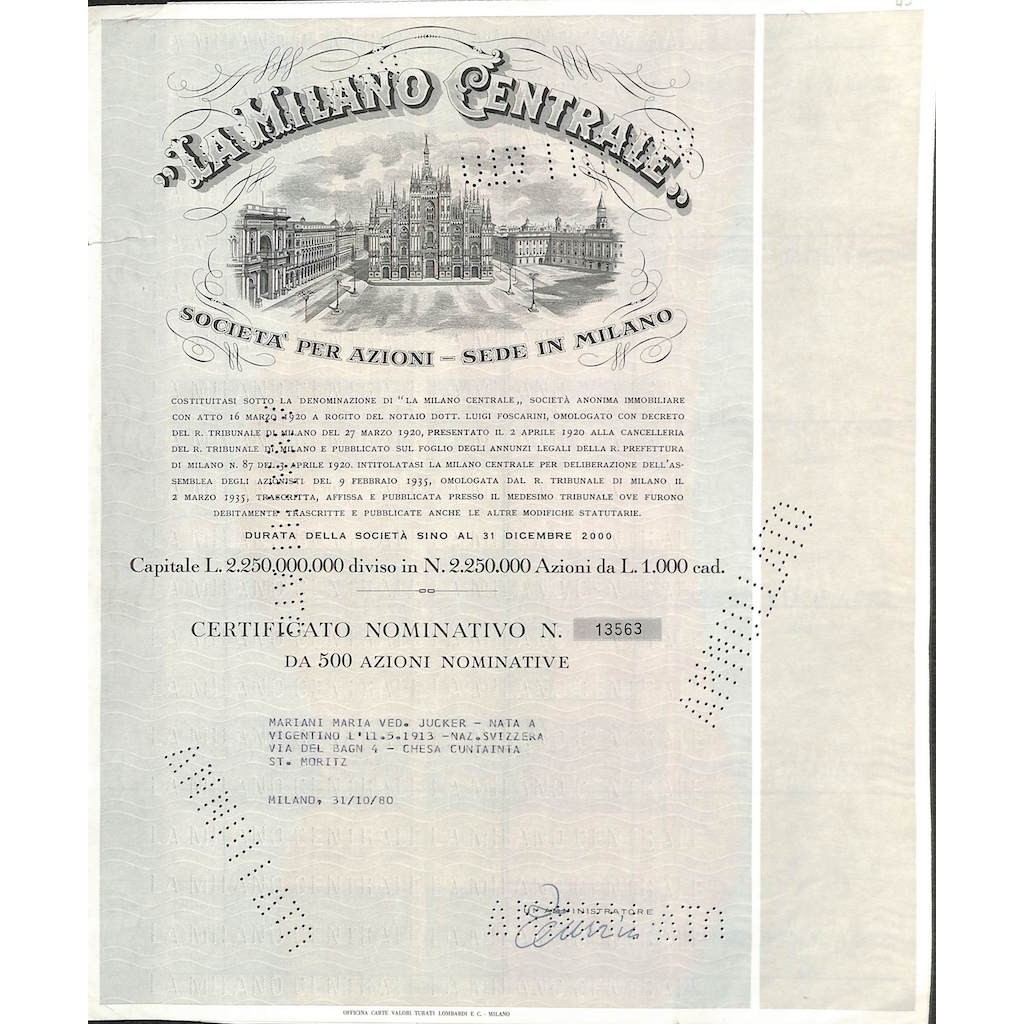 LA MILANO CENTRALE - 500 AZIONI - MILANO 1980
