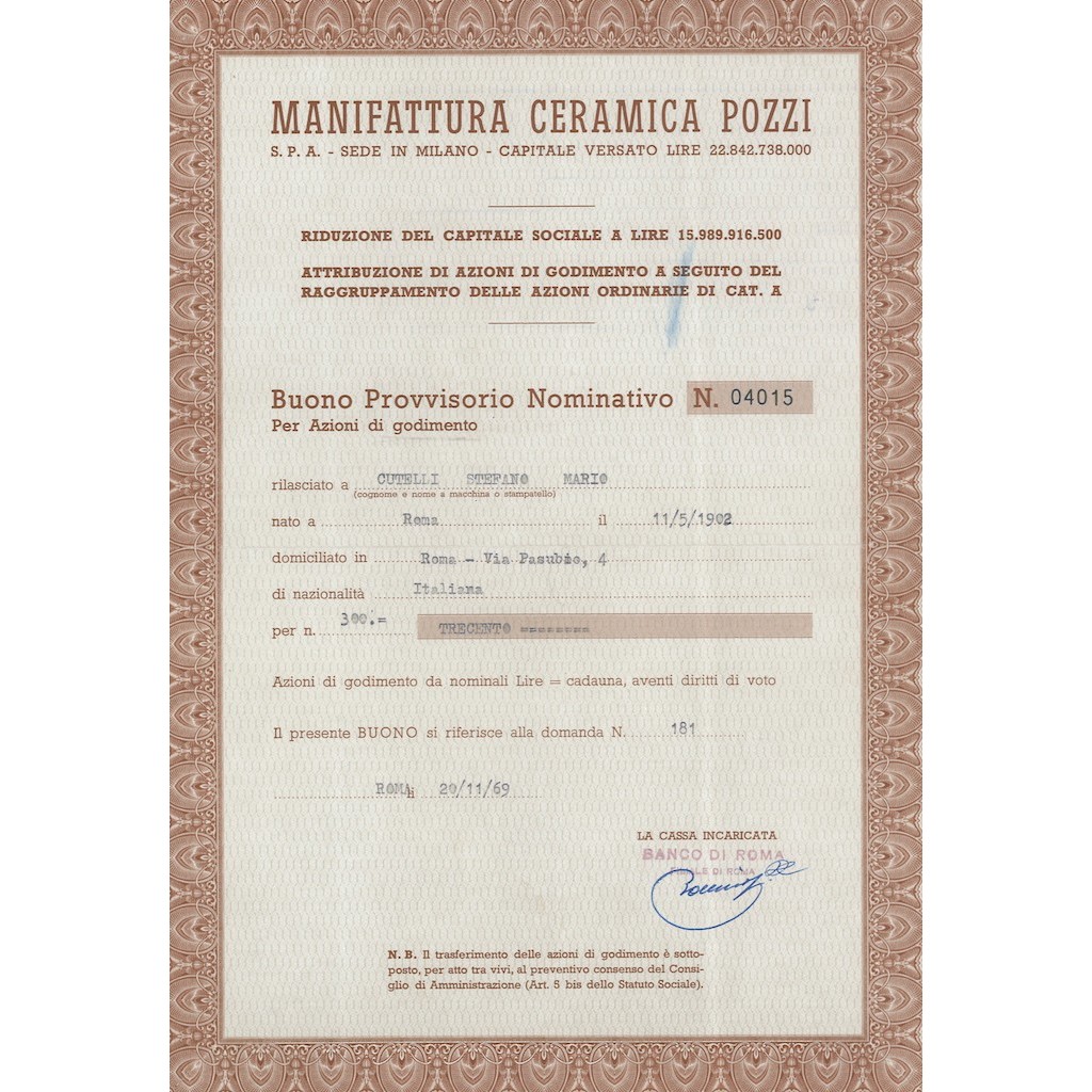 MANIFATTURA CERAMICA POZZI - 300 AZIONI ROMA 1969