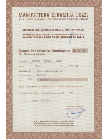 MANIFATTURA CERAMICA POZZI - 300 AZIONI ROMA 1969