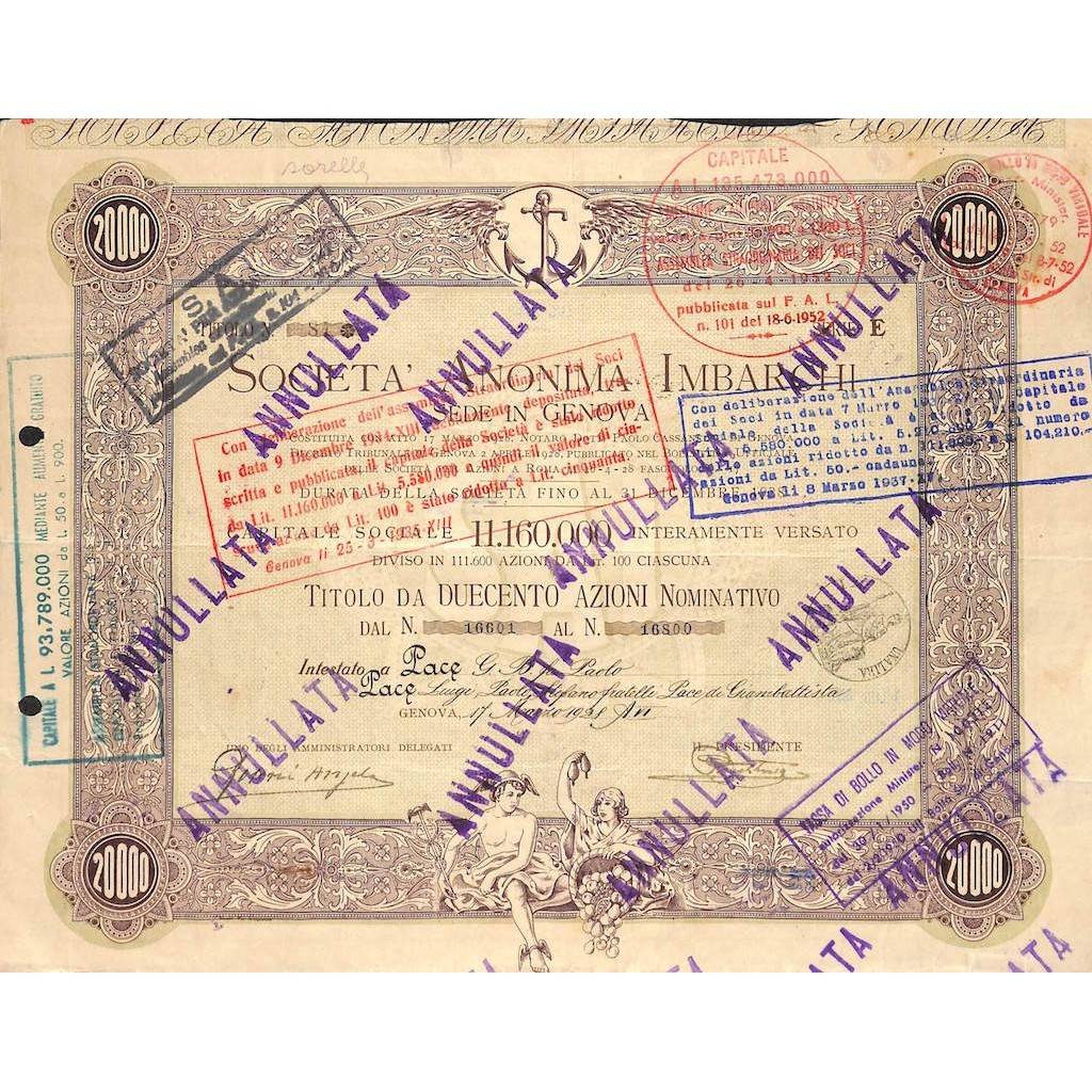SOCIETA' ANONIMA IMBARCHI - 200 AZIONI GENOVA 1928