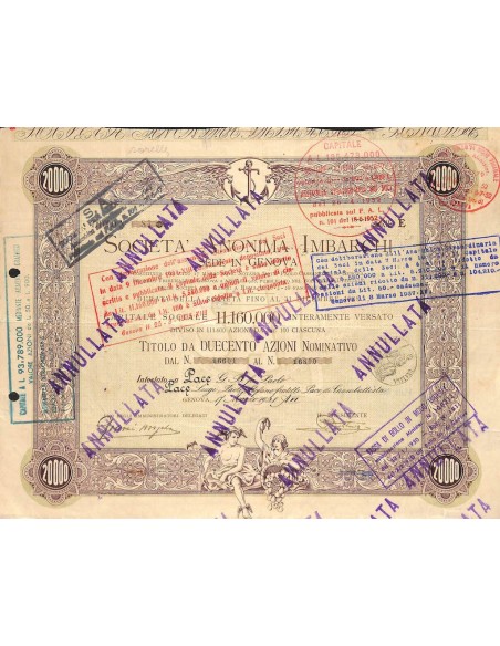 SOCIETA' ANONIMA IMBARCHI - 200 AZIONI GENOVA 1928