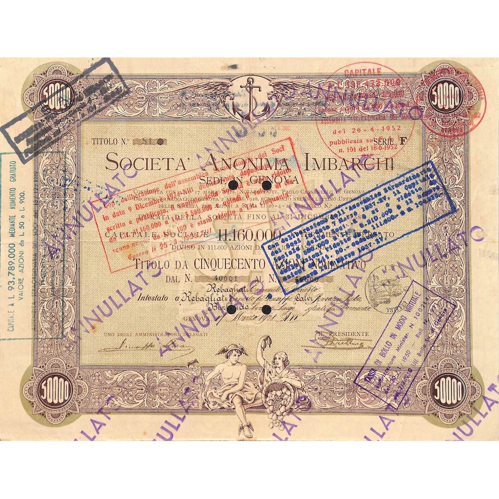 SOCIETA' ANONIMA IMBARCHI - 500 AZIONI GENOVA 1928