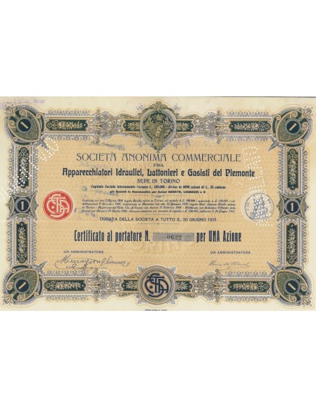 SOC. ANONIMA COMMERCIALE FRA APPARECCHIATORI IDR. LATT. E GAS. DEL PIEM. 1 AZIONE TORINO