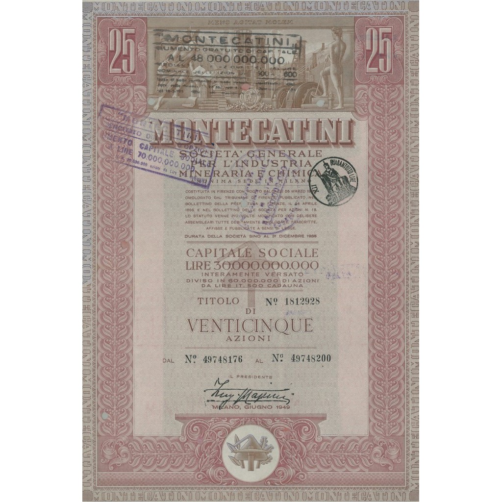 MONTECATINI - CAP.SOC. 30.000.000.000 25 AZIONI MILANO 1949
