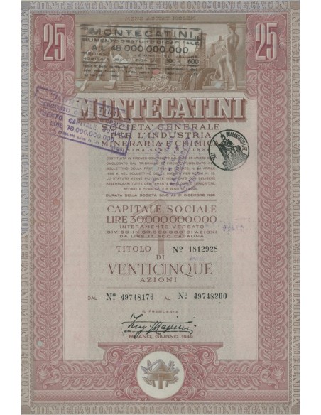 MONTECATINI - CAP.SOC. 30.000.000.000 25 AZIONI MILANO 1949