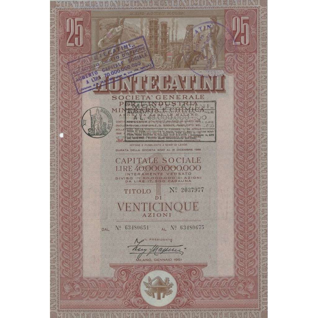 MONTECATINI - CAP.SOC. 40.000.000.000 25 AZIONI MILANO 1951