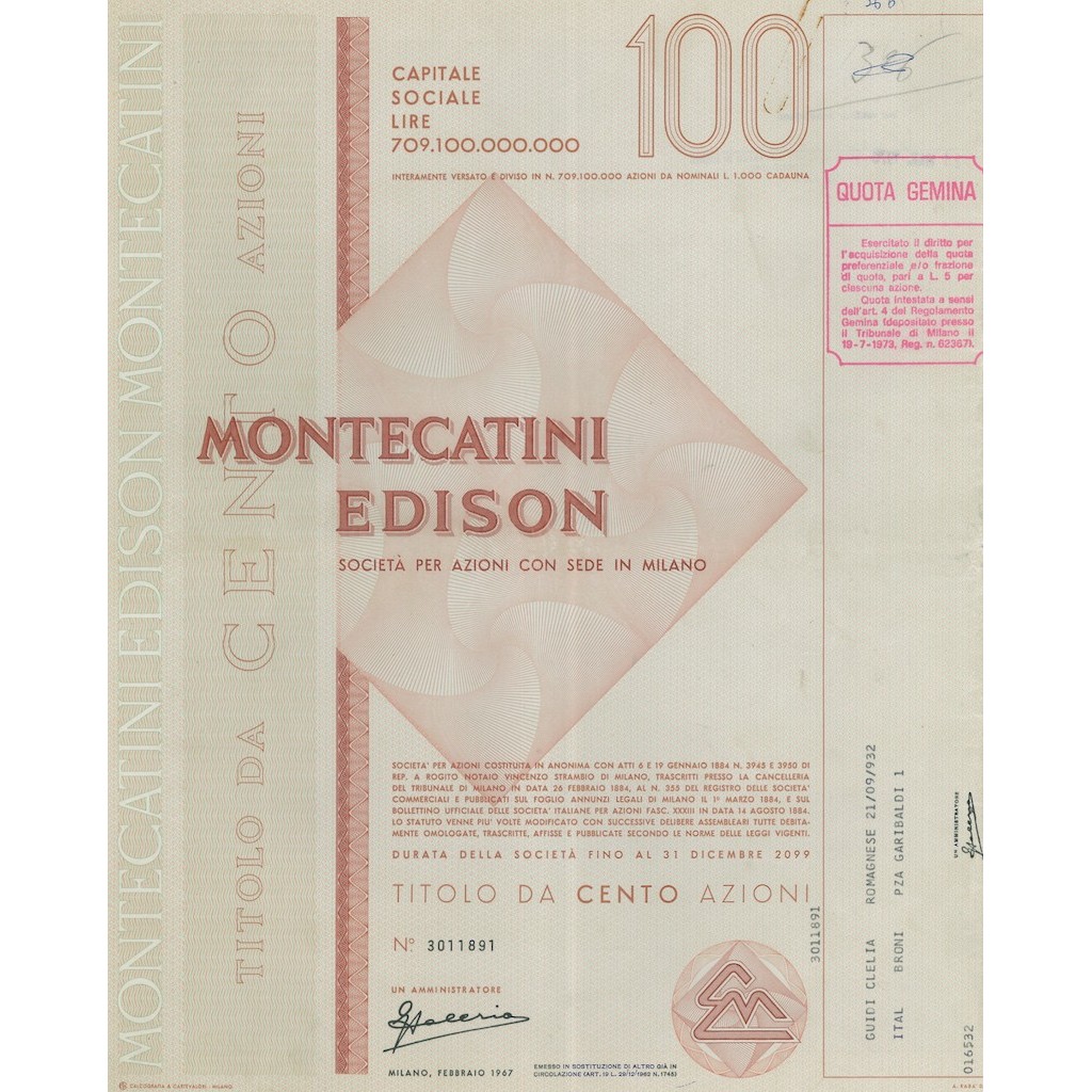 MONTECATINI EDISON - 100 AZIONI MILANO 1967