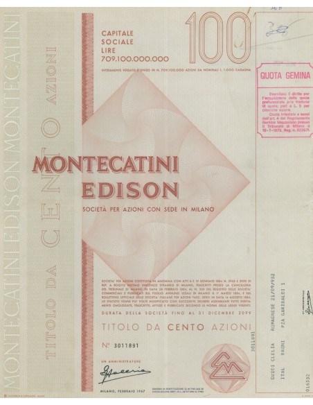 MONTECATINI EDISON - 100 AZIONI MILANO 1967