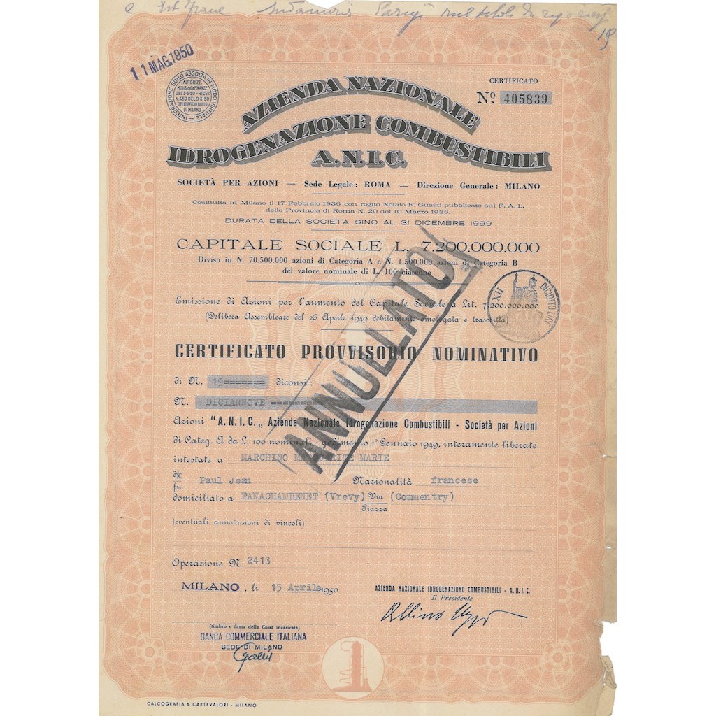 A.N.I.C. CERTIFICATO PROVVISORIO DEFINITIVO DI 19 AZIONI - 1950