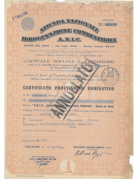 A.N.I.C. CERTIFICATO PROVVISORIO DEFINITIVO DI 19 AZIONI - 1950