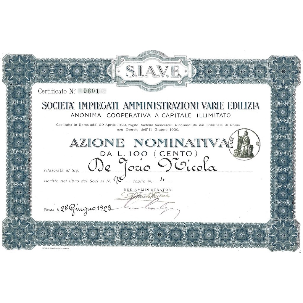S.I.A.V.E. 1 AZIONE NOMINATIVA ROMA 1923