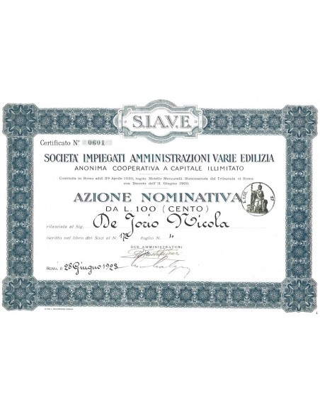S.I.A.V.E. 1 AZIONE NOMINATIVA ROMA 1923