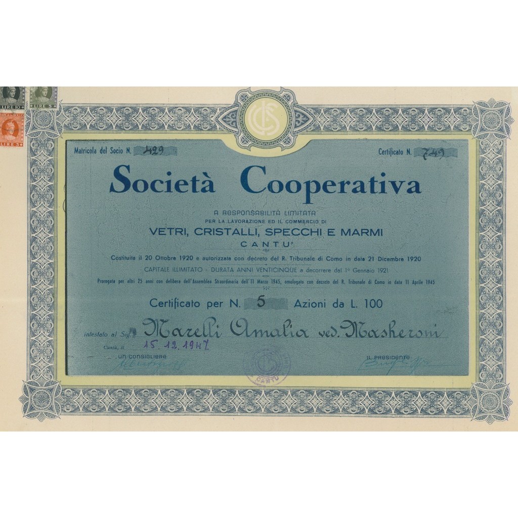 COOP. VETRI CRISTALLI SPECCHI E MARMI - 5 AZIONI CANTU' 1947