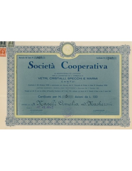 COOP. VETRI CRISTALLI SPECCHI E MARMI - 5 AZIONI CANTU' 1947
