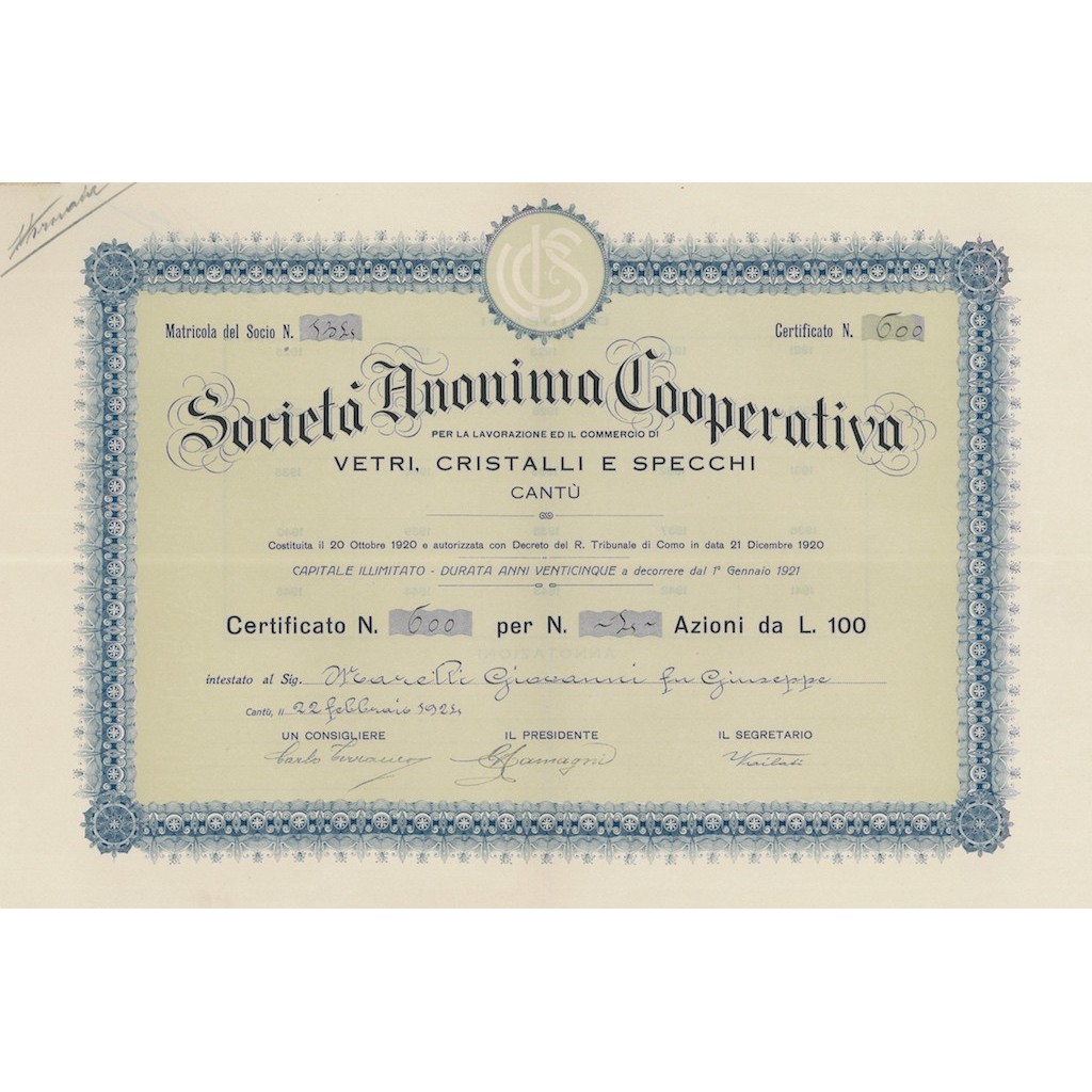 COOP. VETRI CRISTALLI E SPECCHI - 4 AZIONI CANTU' 1924