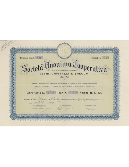 COOP. VETRI CRISTALLI E SPECCHI - 4 AZIONI CANTU' 1924