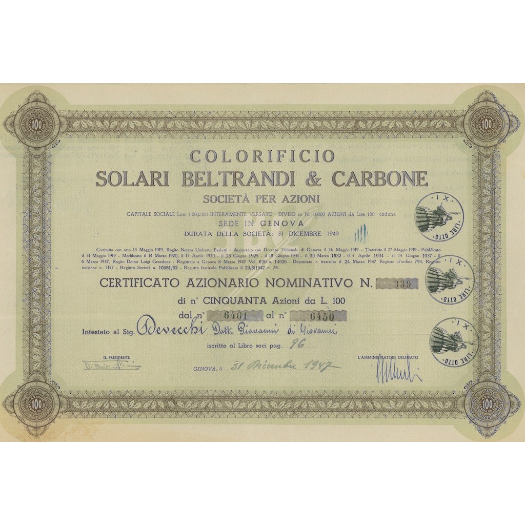 COLORIFICIO SOLARI BELTRANI E CARBONE - 50 AZIONI GENOVA 1947