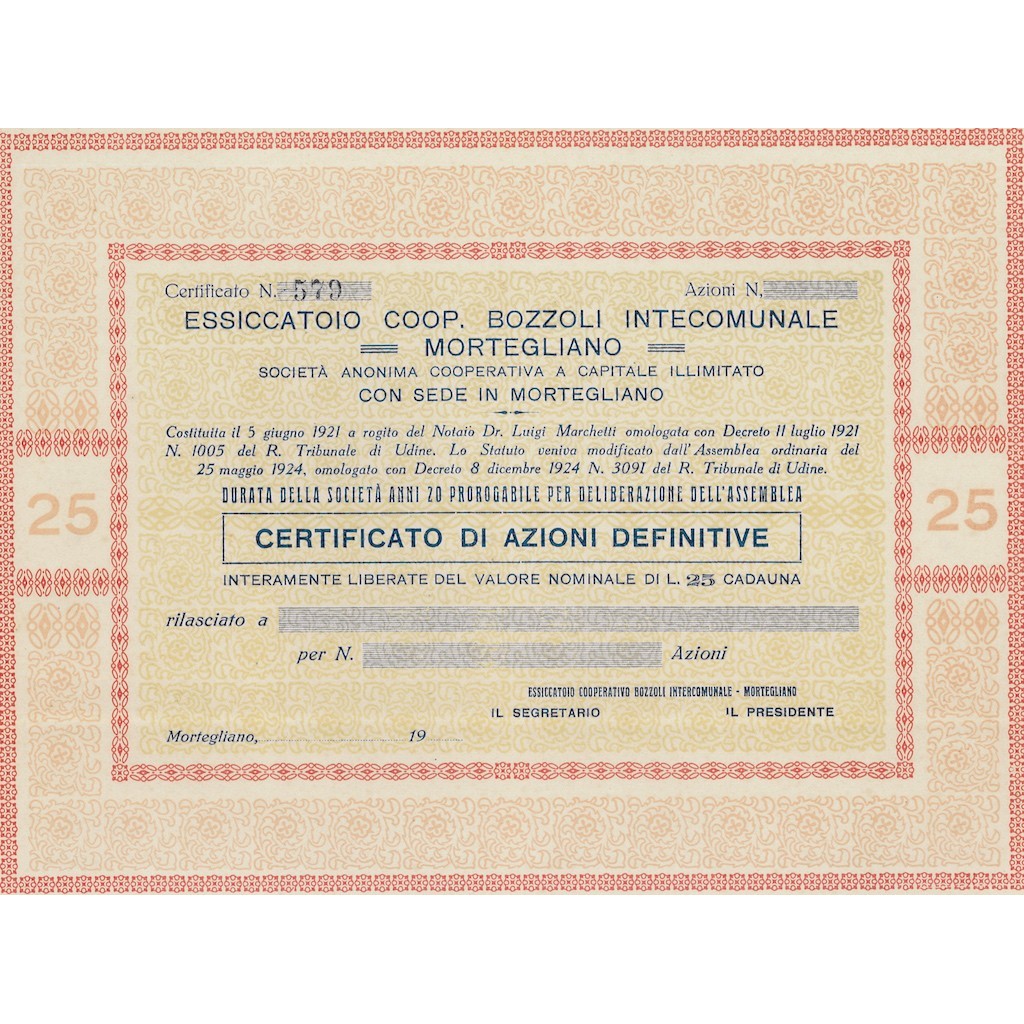 ESSICCATOIO COOP. BOZZOLI INTECOMUNALE MORTEGLIANO AZIONI MORTEGLIANO