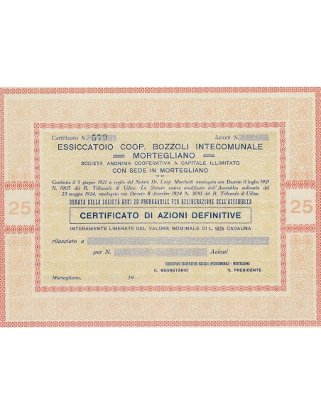 ESSICCATOIO COOP. BOZZOLI INTECOMUNALE MORTEGLIANO AZIONI MORTEGLIANO