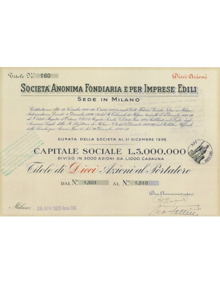 SOC. ANON. FONDIARIA E PER IMPRESE EDILI - 10 AZIONI MILANO 1938