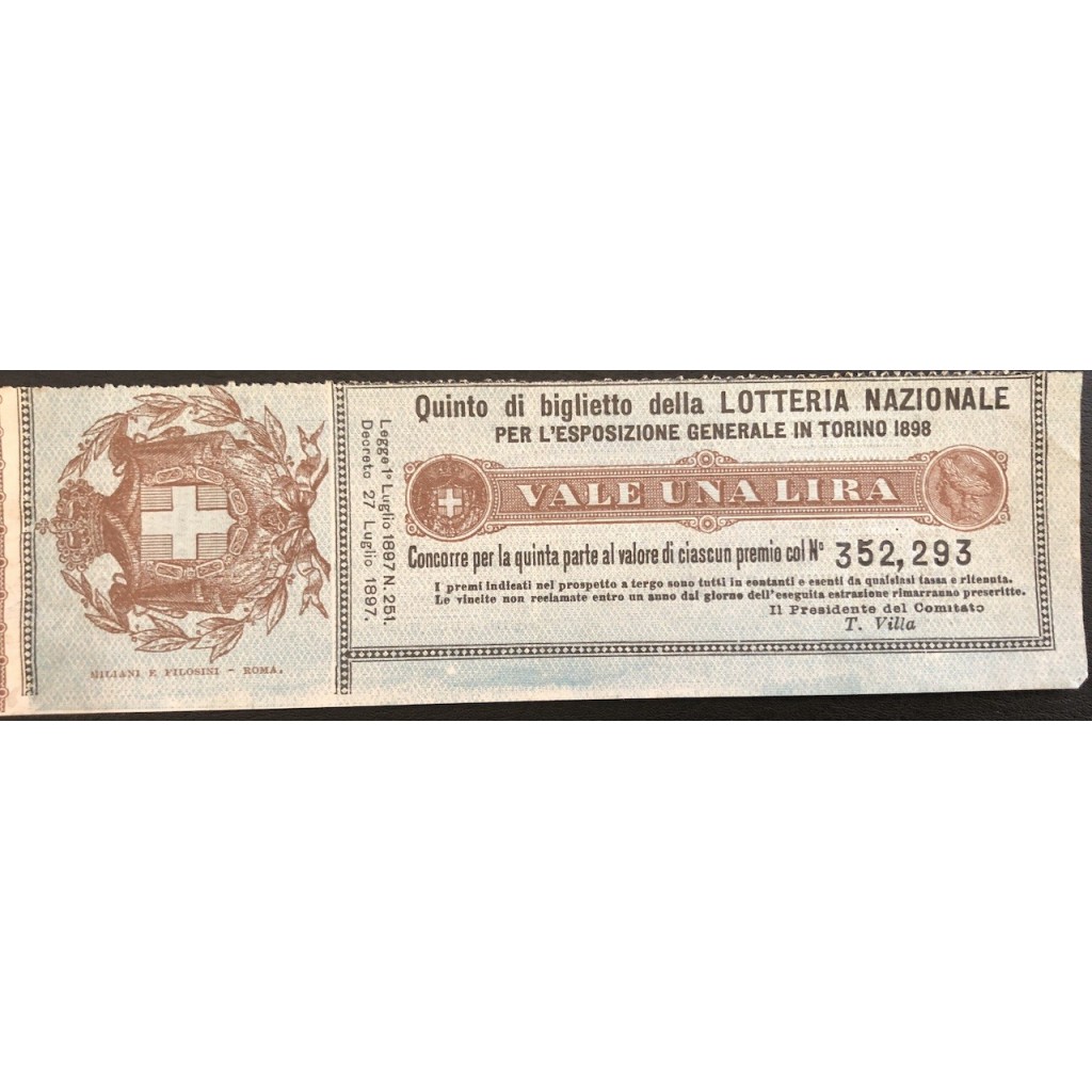 1898 LOTTERIA NAZIONALE PER L'ESPOSIZIONE DI TORINO N:352293