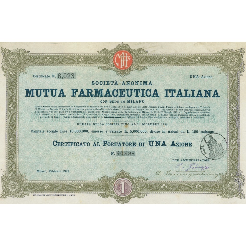 MUTUA FARMACEUTICA ITALIANA - 1 AZIONE MILANO 1921