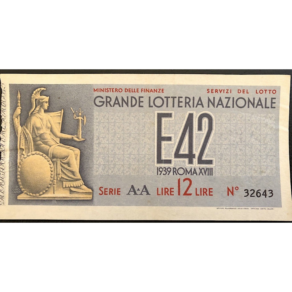 1939 GRANDE LOTTERIA NAZIONALE E42 ROMA XVIII SERIA AA LIRE 12 N:32643