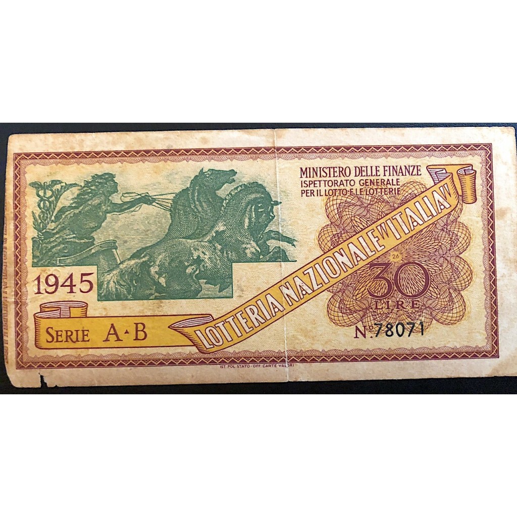 1945 LOTTERIA "ITALIA" SERIE Q LIRE 30 N:78071
