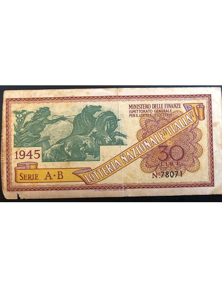 1945 LOTTERIA "ITALIA" SERIE Q LIRE 30 N:78071