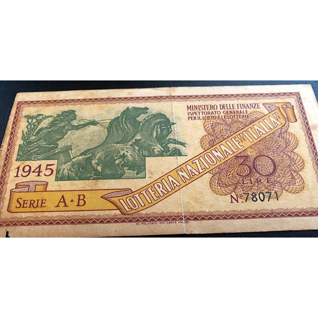 1945 LOTTERIA "ITALIA" SERIE Q LIRE 30 N:78071