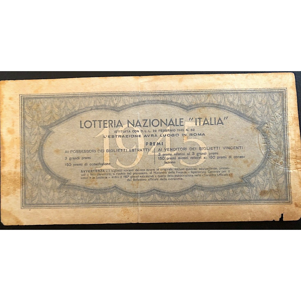 1945 LOTTERIA "ITALIA" SERIE Q LIRE 30 N:78071