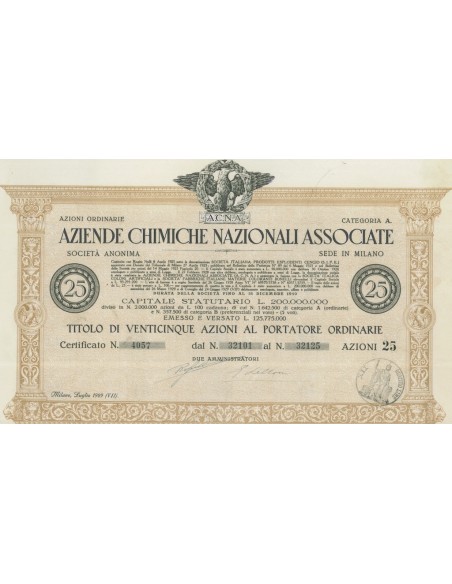 AZIENDE CHIMICHE NAZIONALI ASSOCIATE - 25 AZIONI MILANO 1929