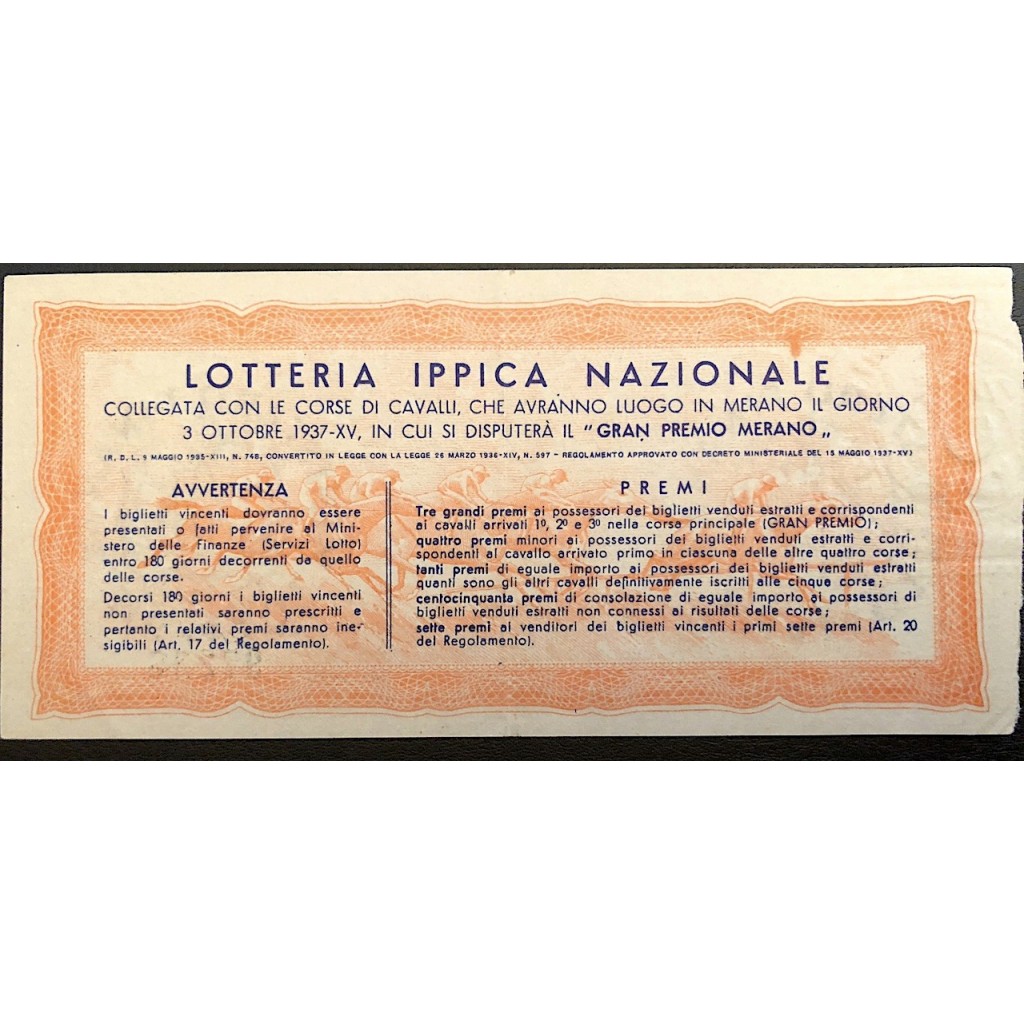 1937 GRANDE LOTTERIA IPPICA NAZIONALE IN MERANO...