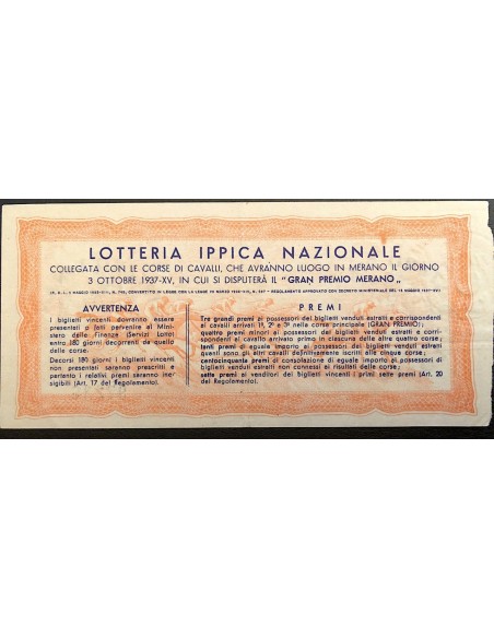 1937 GRANDE LOTTERIA IPPICA NAZIONALE IN MERANO LIRE 12 SERIE A-E N: 97236
