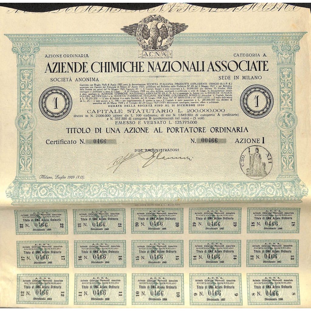 AZIENDE CHIMICHE NAZIONALE ASSOCIATE - 1 AZIONE MILANO 1929