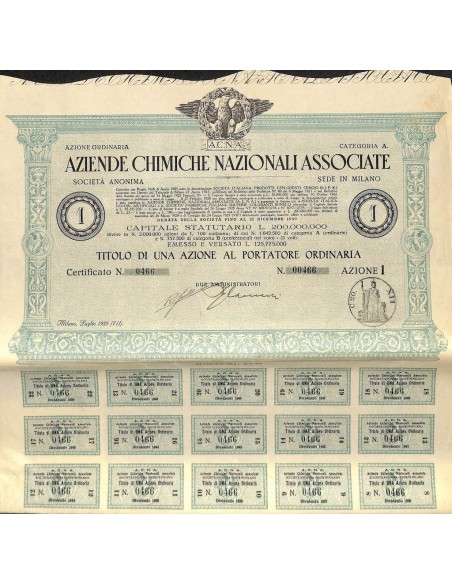 AZIENDE CHIMICHE NAZIONALE ASSOCIATE - 1 AZIONE MILANO 1929