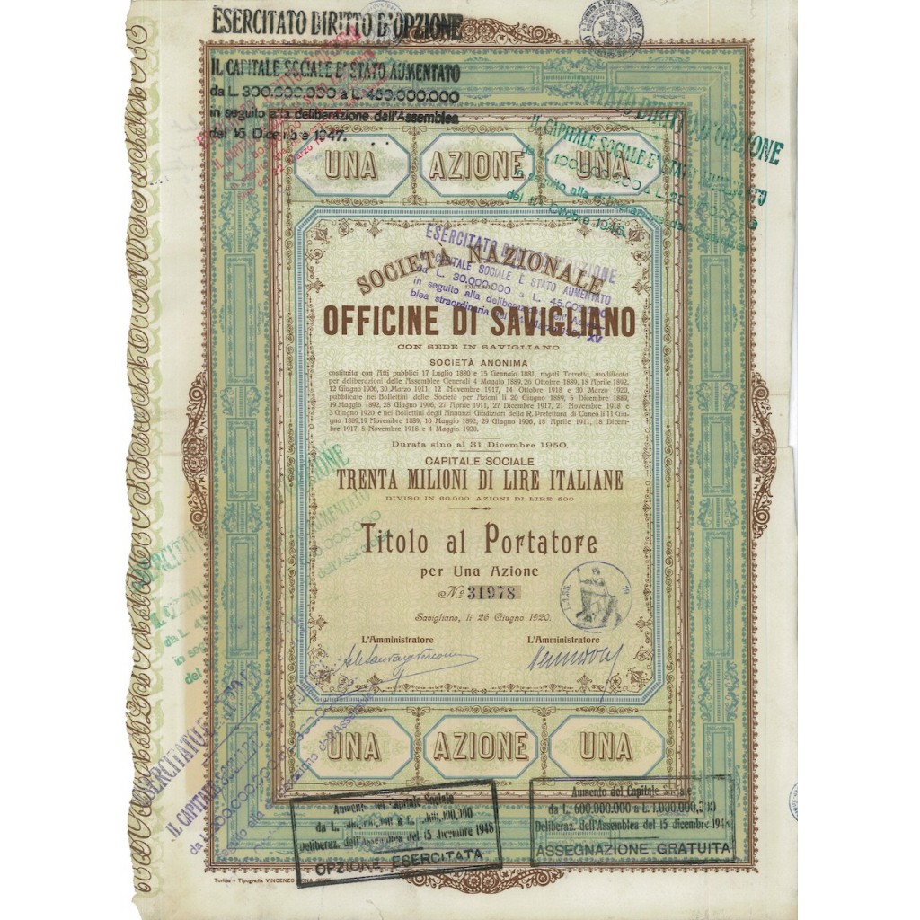 SOC. NAZ. OFFICINE SAVIGLIANO 1 AZIONE 1920