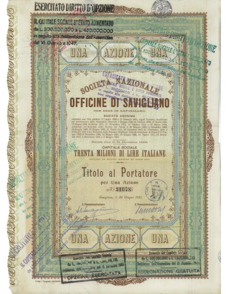 SOC. NAZ. OFFICINE SAVIGLIANO 1 AZIONE 1920