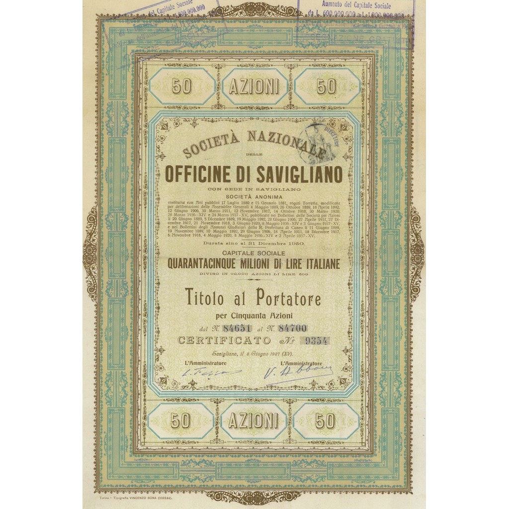 OFFICINE DI SAVIGLIANO - 50 AZIONI 1937